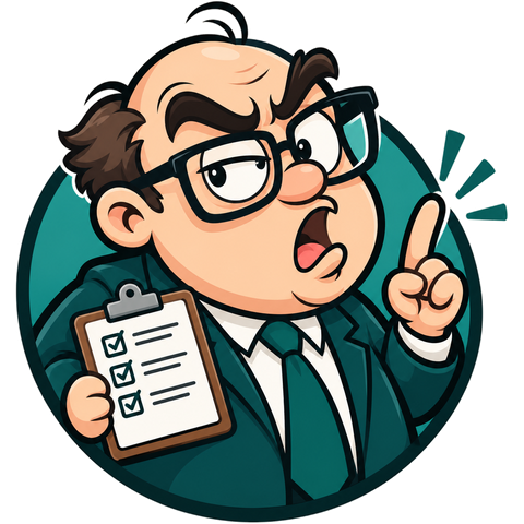NaggyBoss mascot: a cartoon boss in a teal suit, holding a checklist and wagging his finger